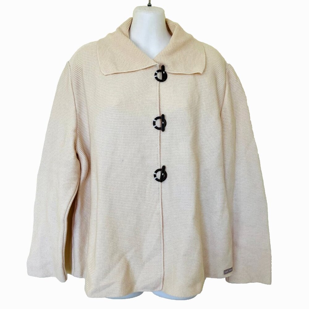 Saint James Ivory Wool Ribbed Knit Cardigan Sweater with Toggle Closures